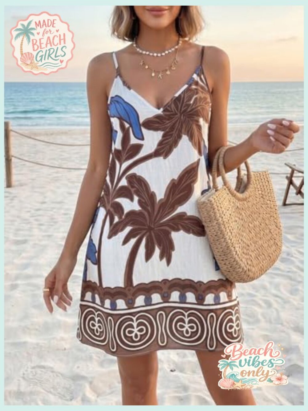 Tropical Print Backless Mini Dress Deep V Neck Flowy Beach Vacation Outfit - Picture 4 of 7
